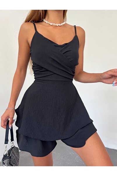 ModaWiser قماش Aerobin باللون الأسود - فستان بذلة بأشرطة حبلية وحاشية متقاطعة