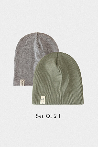 Doğan Collection Grey-Green 2-Piece Rib Beanie