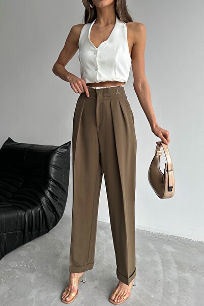 LB Laluna Butik بنطلون نسائي من القماش ذو ثنيات وأرجل مزدوجة وخصر