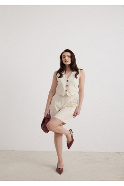 Seşa V-Neck Buttoned Vest Stone Herringbone