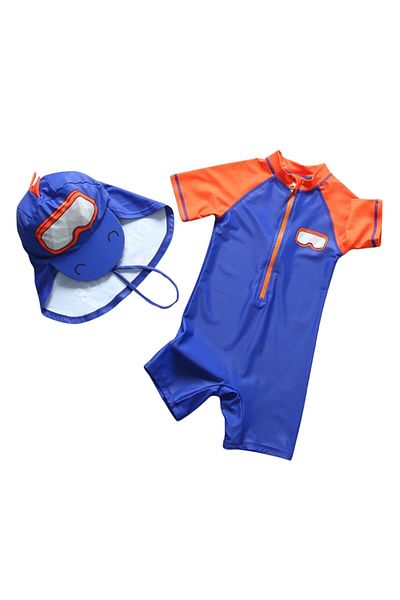 Petityu Upf50+ Sun Protection Diver Pattern Boys' Swimsuit Hat Set