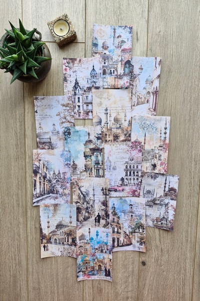 Mona Craftist 14 Adet Eskitme Camii Manzara Temalı Scrapbook Kağıt Seti Bulle...