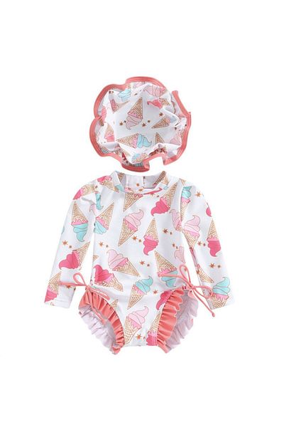 Petityu Extreme Cute Sun Protection Long-Sleeved Ice Cream Swimsuit and Hat Set