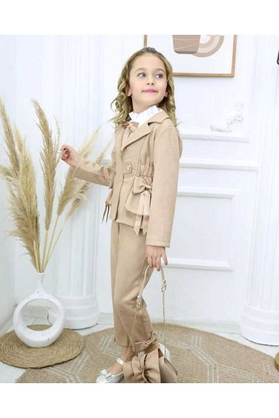 Ribbon kids Suede Bag with Velvet Jacket, Top and Bottom Set for Girls