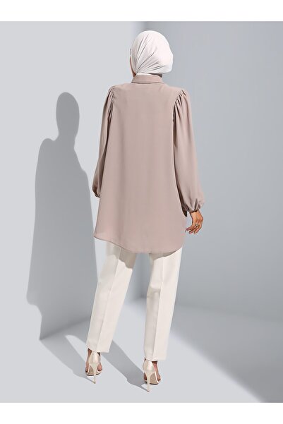 Refka Silk Keyed Voluminous Sleeve Detailed Tunic - Mink -