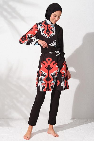 Pierre Cardin 231907 Black Patterned Long Sleeve Hijab Swimsuit Set
