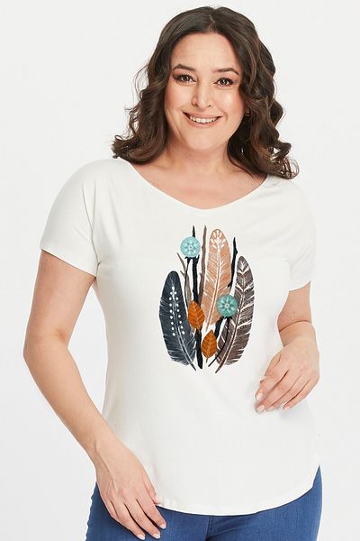 Curvy Trend Plus Size Feather Printed Wide V-Neck Short Sleeve Oval Slit Blouse
