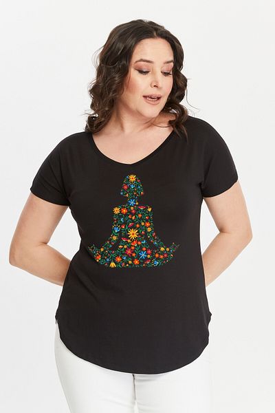 Curvy Trend Plus Size Floral Yoga Printed Wide V-Neck Short Sleeve Oval Slit Blouse