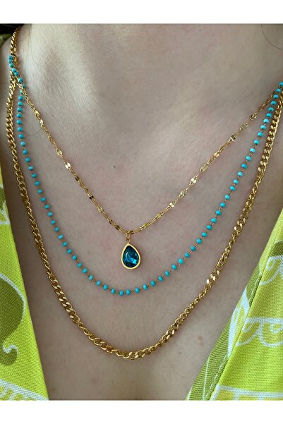 Pinery Jewels VIP SERİ - Kadın Zümrüt Taşlı 2'li Çelik Kararmaz Gold Kolye