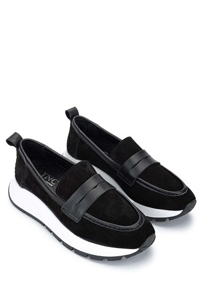 Tamer Tanca Women's Genuine Leather Black Suede Loafer Shoes