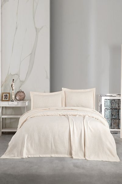 BİRHOME Oscar Cream Double Bed Cover and Pike Set