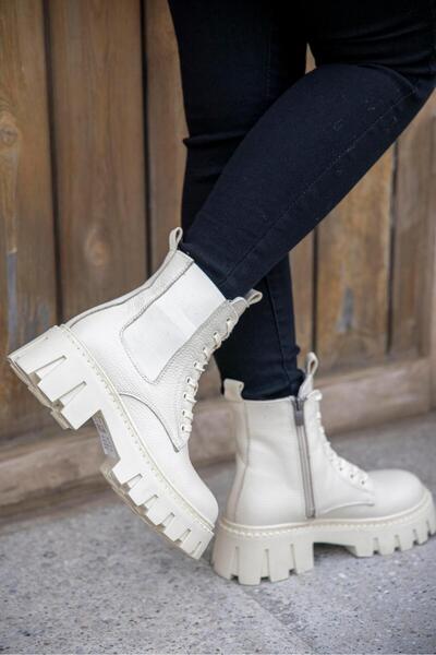 FSKOMBİN Marley Kısa Ekru Gerçek Deri Kadın Postal