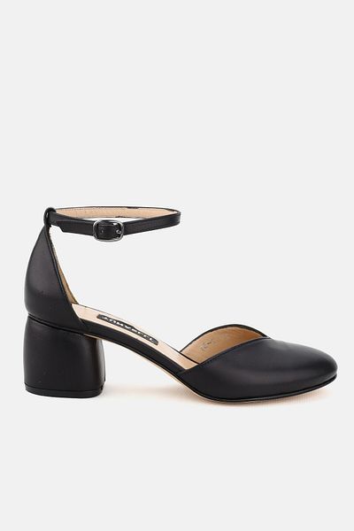 TUNAELLİ WOMEN'S BLACK GENUINE LEATHER NUMBER 35-41 THICK HEEL STRAP SHOES