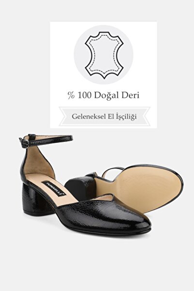 TUNAELLİ Women's Black Patent Leather Genuine Leather Number 35-41 Thick Heel Strap Shoes