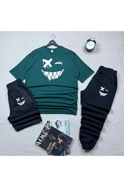 khufu Oversize Nefti Green Relaxed Cut Smiling Face Printed T-shirt Black Shorts and Sweatpants 3-Piece Set Unisex