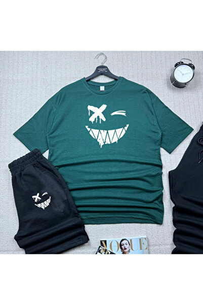 khufu Oversize Nefti Green Relaxed Cut Smiley Face εμπριμέ μπλουζάκι μαύρο σορτς και φούτερ 3 τεμαχίων Unisex