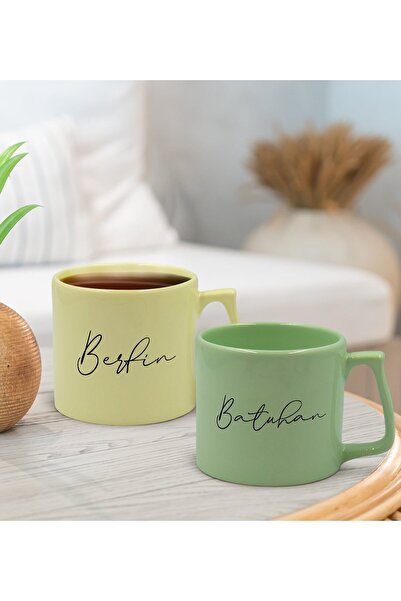 Bk Gift Kişiye Özel İsimli Pastel Sarı ve Yeşil 2'li Middle Kupa Bardak Seti-...
