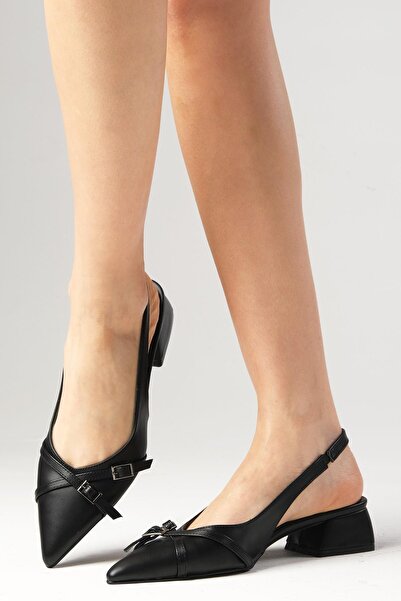 Mio Gusto Leia Black Color Open Back Pointed Toe Short Heeled Women's Shoes