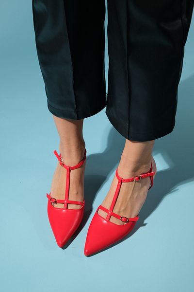 LuviShoes FRENCH Red Skin Women's Pointed Toe Open Back Short Heeled Shoes