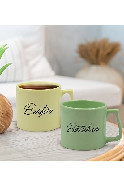 Bk Gift Kişiye Özel İsimli Pastel Sarı ve Yeşil 2'li Middle Kupa Bardak Seti-3