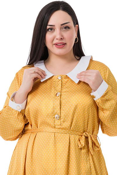 DISENTIS MODEST Rochie lungă de muștar din satin cu buline cu buzunar cu guler și manșete de dimensiuni plus