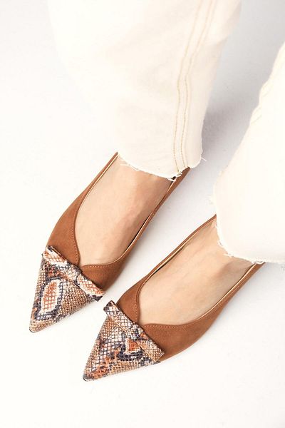 Mio Gusto Pia Tan Color Snakeskin and Suede Combination Women's Low Heel Shoes