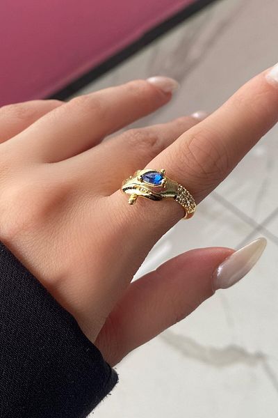 TAKIŞTIR خاتم قابل للتعديل من الحجر الأزرق على شكل ثعبان ذهبي