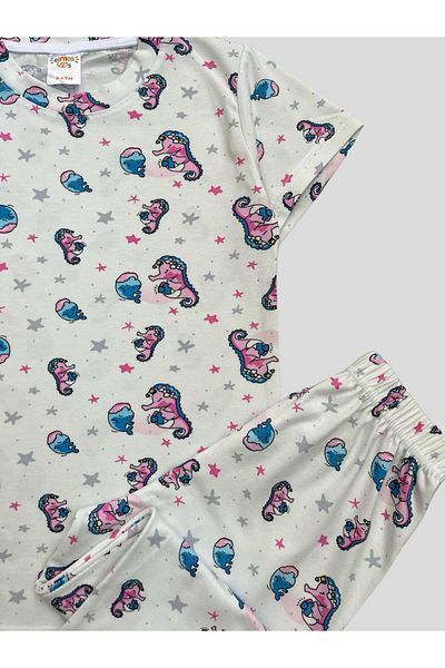 elmas kids Set de pijamale de vară cu mânecă scurtă, 100% bumbac, cu model de căluți de mare