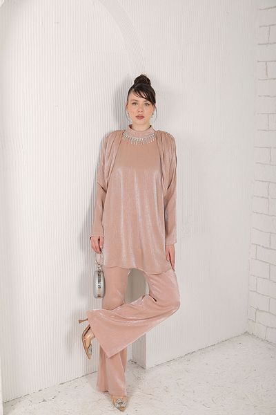 Melike Tatar BEIGE Collar Jewelled Suit 32-2080
