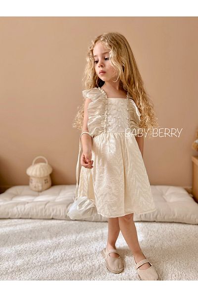 Baby Berry Baby store Baby Girl's Pearl Detailed Frilly Glitter Fabric Strap Dress and Candy Bag Double Set Ecru