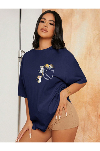 Revasser Unisex Kadın/Erkek CAT Renkli Özel Baskılı Oversize Pamuk Bisiklet Y...