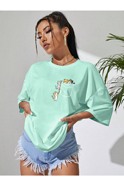 Revasser Unisex Γυναικεία/Ανδρικά CAT Πολύχρωμο, προσαρμοσμένο εμπριμέ, υπερμεγέθη βαμβακερό χτενισμένο βαμβακερό μπλουζάκι