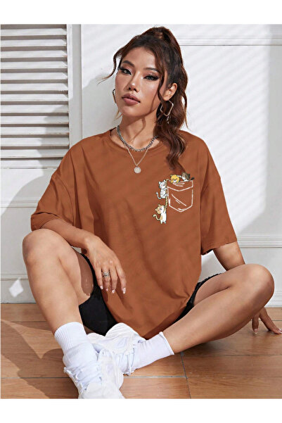 Revasser Unisex γυναικείο/ανδρικό μπλουζάκι CAT πολύχρωμο με στάμπα, Oversize, βαμβακερό λαιμό, χτενισμένο βαμβακερό μπλουζάκι