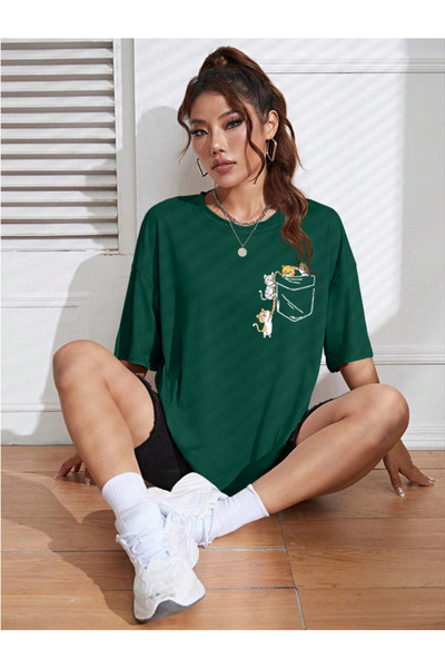 Revasser Unisex Γυναικεία/Ανδρικά CAT Πολύχρωμο, προσαρμοσμένο εμπριμέ, υπερμεγέθη βαμβακερό χτενισμένο βαμβακερό μπλουζάκι