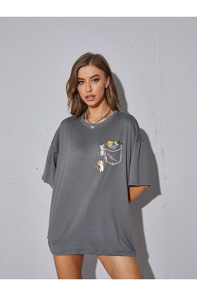 Revasser Unisex Γυναικεία/Ανδρικά CAT Πολύχρωμο, προσαρμοσμένο εμπριμέ, υπερμεγέθη βαμβακερό χτενισμένο βαμβακερό μπλουζάκι