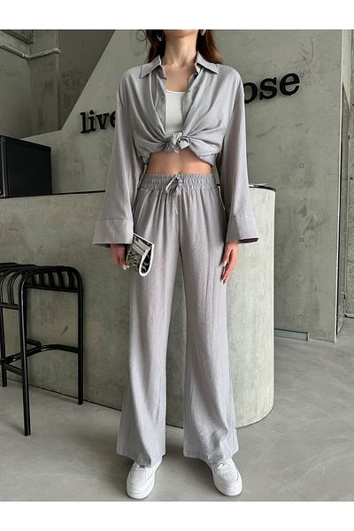 Laluvia Graues strukturiertes Hemd-Hosen-Set