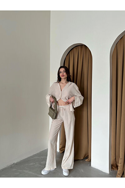 Laluvia Stone Color Textured Shirt Pants Set