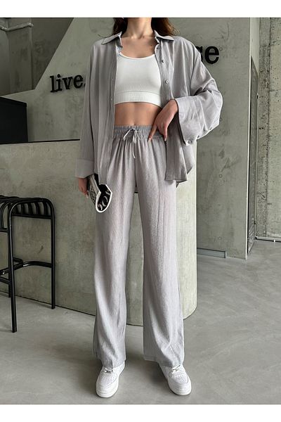 Laluvia Graues strukturiertes Hemd-Hosen-Set