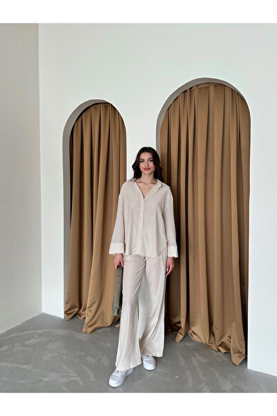 Laluvia Stone Color Textured Shirt Pants Set