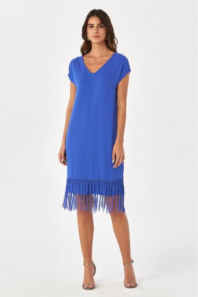 İKİLER V Yaka Eteği Püsküllü Düşük Kol Elbise 024-4046