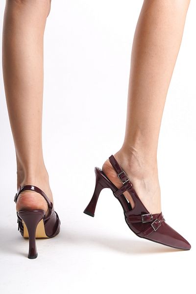 eformoda by emre yılmaz Claret Red Women's Pointed Toe Belt Buckle Detailed Comfortable Classic Heeled Shoes Heel 7 cm ZR01