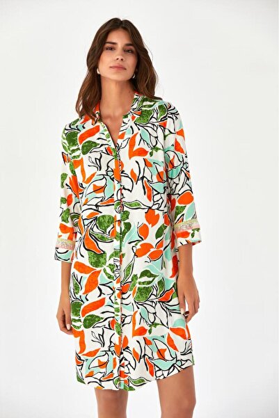 İKİLER Kolları Şeritli Önü Düğmeli Desenli Gömlek Elbise 024-4032