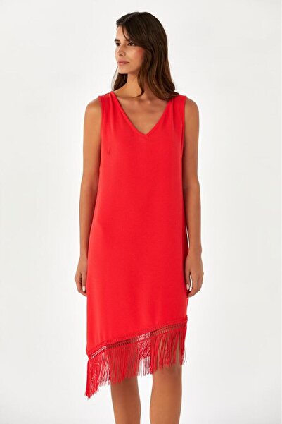 İKİLER V Yaka Eteği Püsküllü Kolsuz Elbise 024-4047