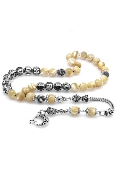 Tesbihane Non-Tarnish Metal Tasseled Globe Cut Yellow Mother of Pearl Natural Stone Rosary