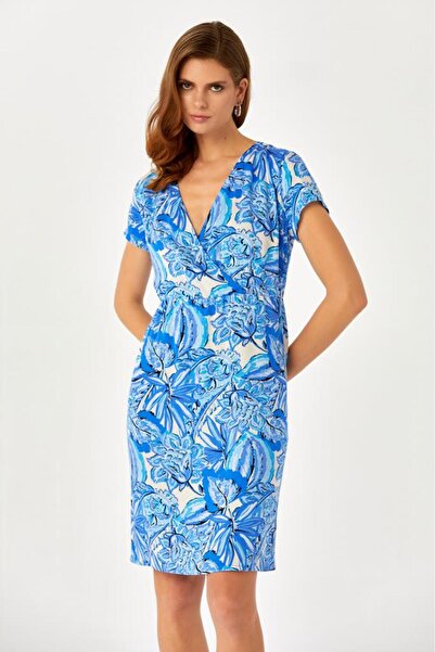 İKİLER Kruvaze Yaka Mini Kollu Desenli Elbise 024-4011