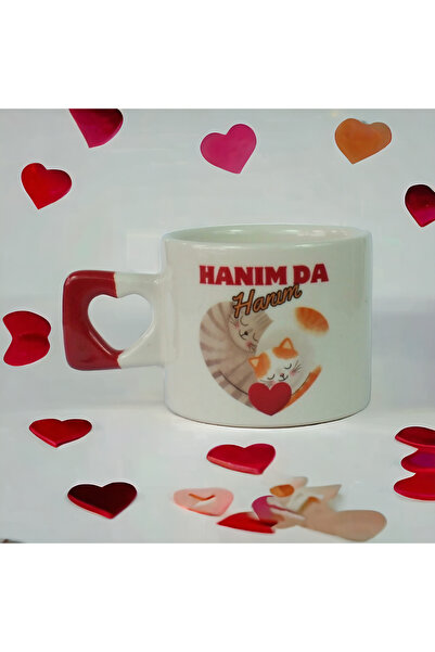 ikiseramik Hanım da  Hanım Kedili Kalp Baskılı El Yapımı Doğal Seramik Kırmız...