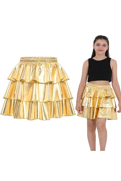 ERDEM KIDS Κοριτσίστικη ελαστική μέση μεταλλική γυαλιστερή αστραφτερή φούστα 3 στρώσεων με βολάν