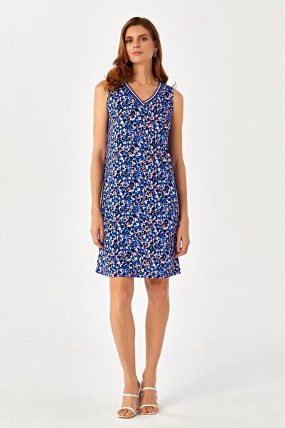 İKİLER Yakası Triko Bantlı Kolsuz Desenli Elbise 024-2504