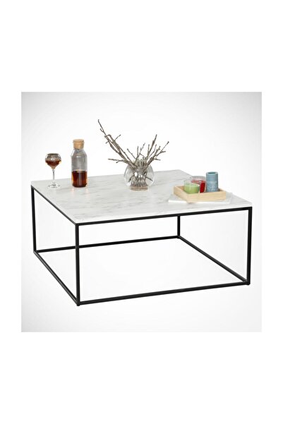 PASİFİC HOME Poly Metal Ayaklı Kare Orta Sehpa, Beyaz Mermer