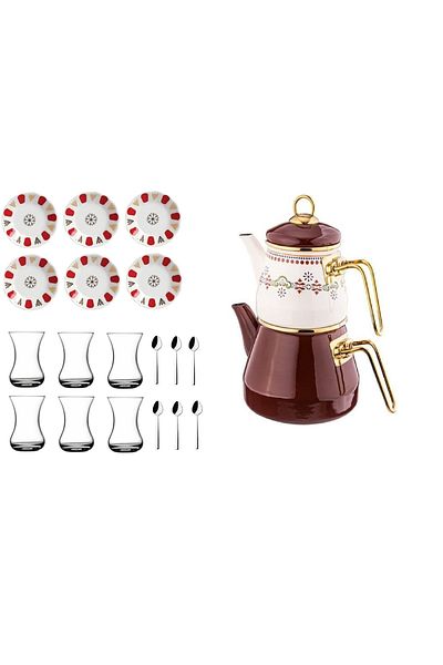 Paşabahçe Lidia 21 Piece Enamel Teapot and Authentic Novice Tea Cup Set